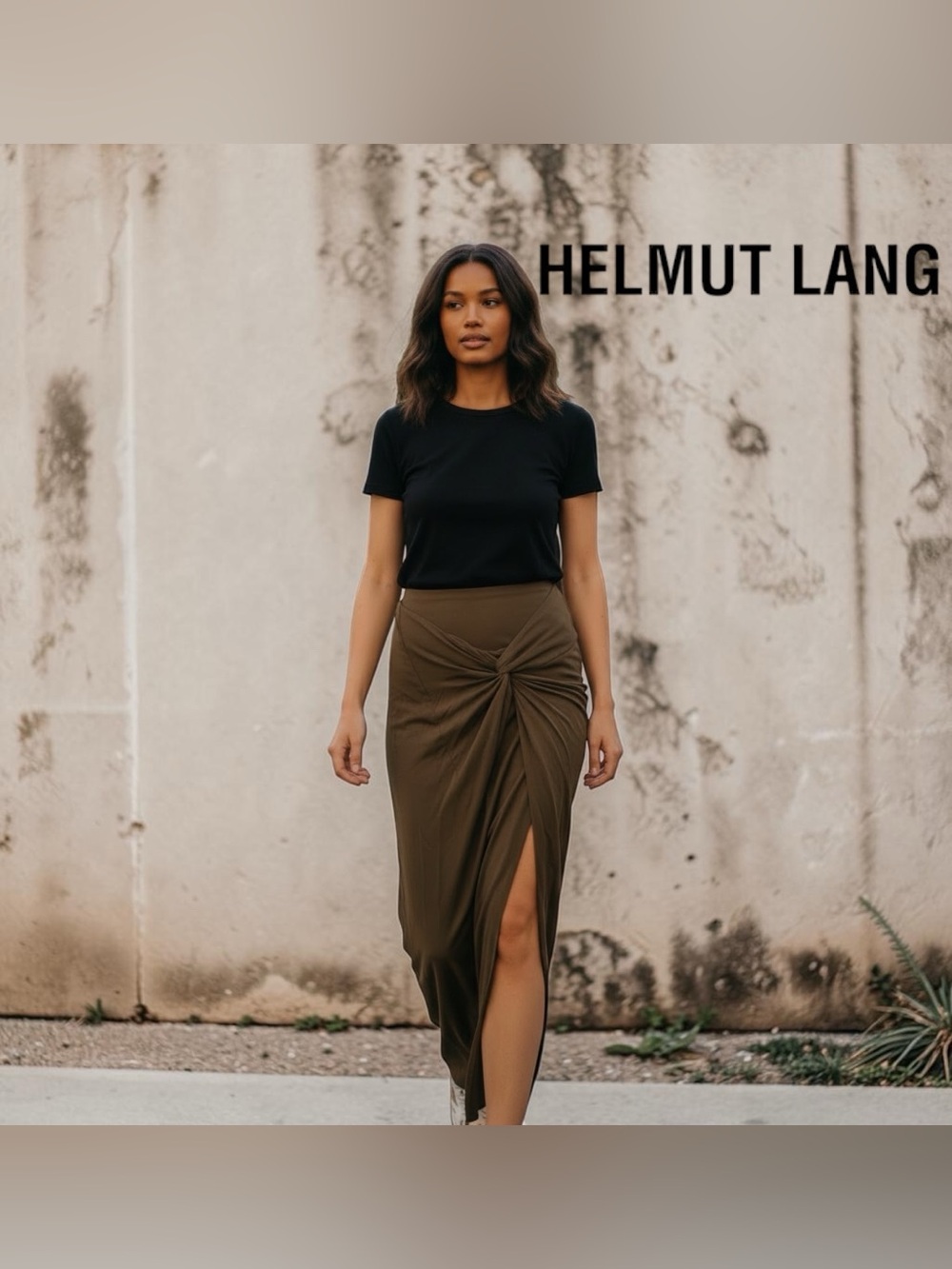 $50 SALE ⭐️ Helmut Lang Olive Knot-Front Maxi Skirt with Side Slit